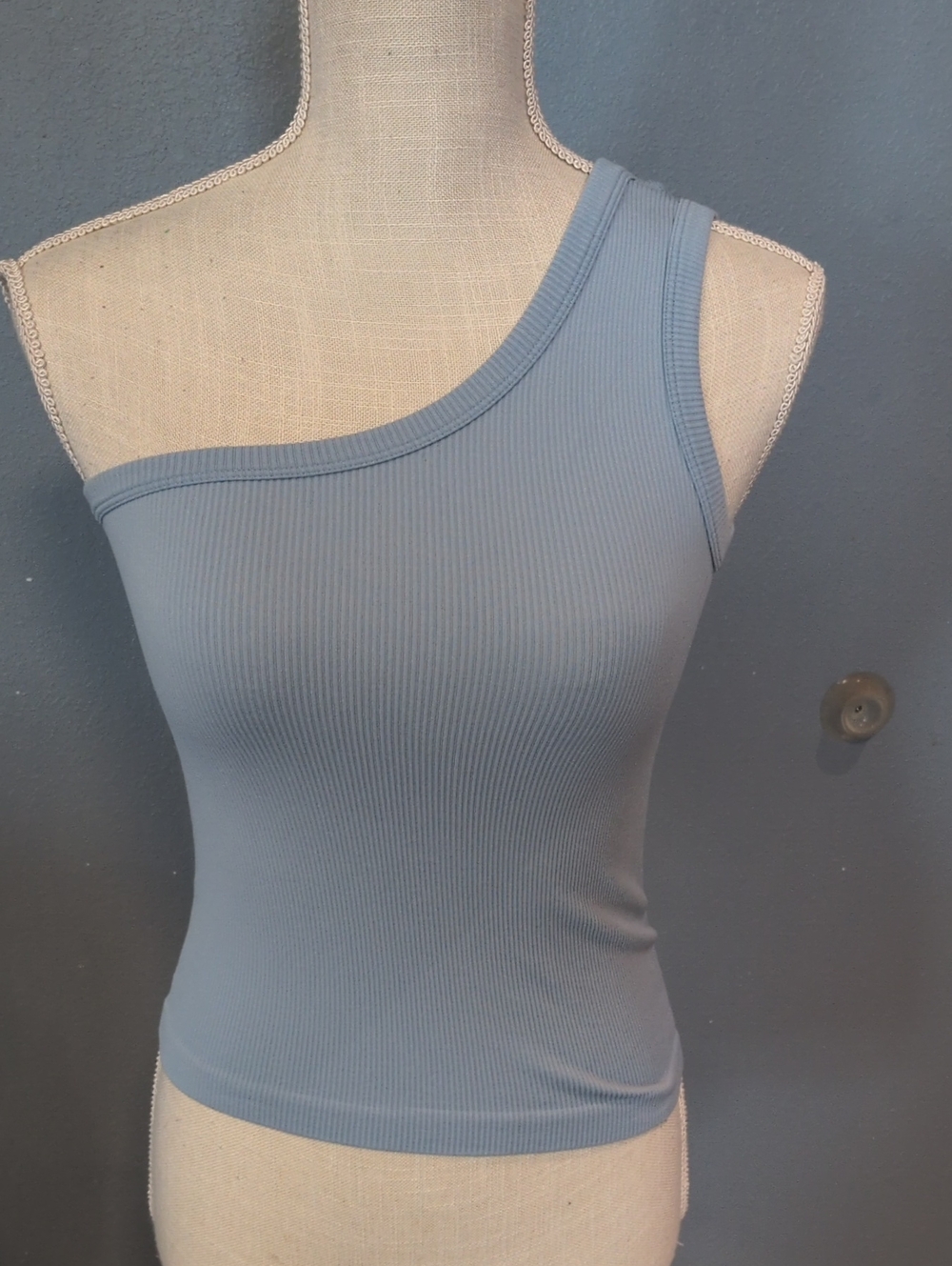 Suzette Collection Ribbed Knit One Sleeve Cropped Fitted Top Minimalist